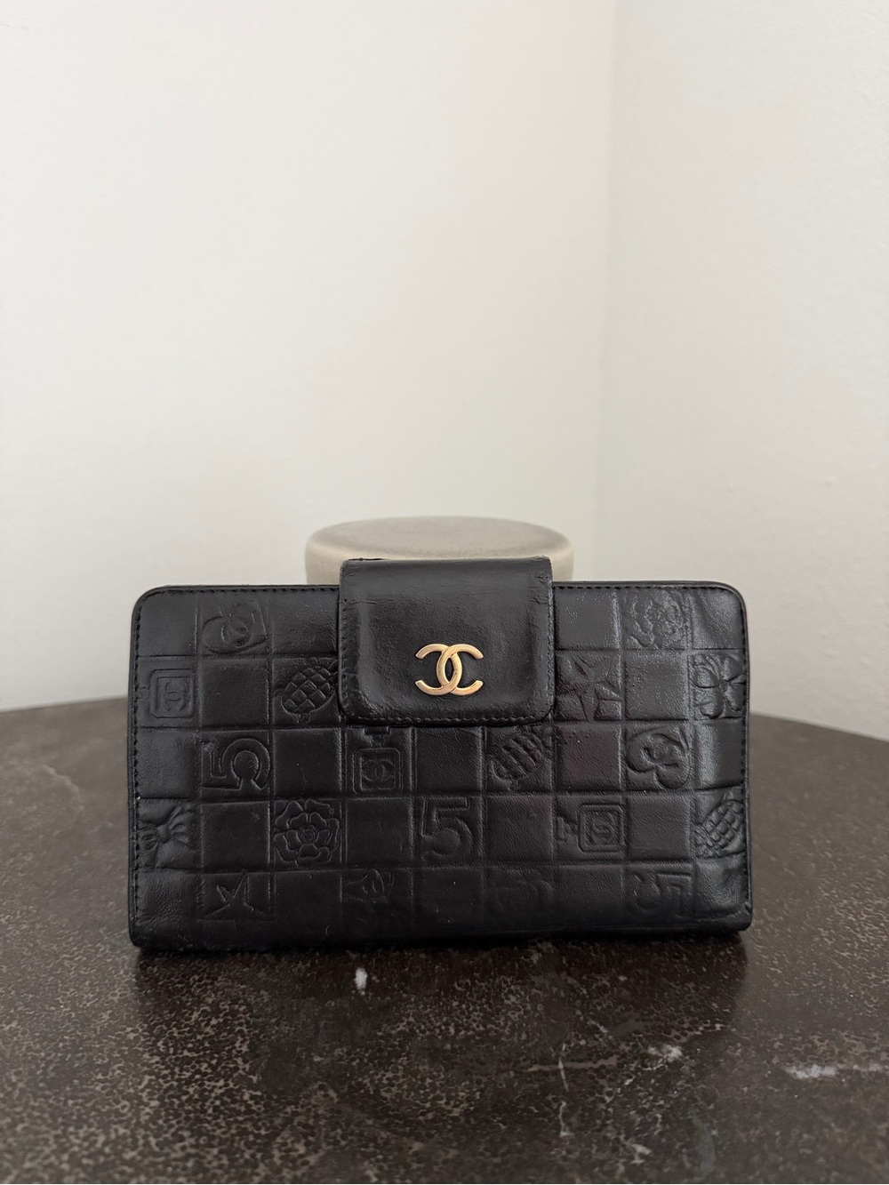 CHANEL Black Quilted Embossed Leather Wallet with Gold CC